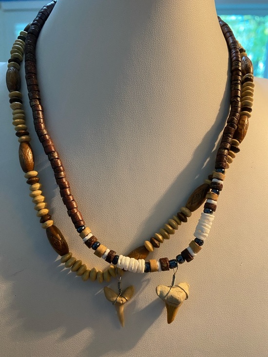 Jewelry - Two Handcrafted Brown and Cream Beaded Shark Tooth Necklaces